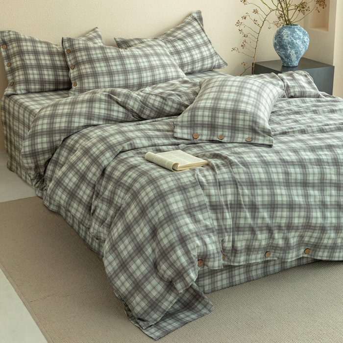 91家纺网 家纺一手货源 找家纺 库里梦家纺 2025新款皱皱纱亚麻纽扣式四件套 小格-灰