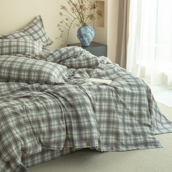 91家纺网 家纺一手货源 找家纺 库里梦家纺 2025新款皱皱纱亚麻纽扣式四件套 小格-灰