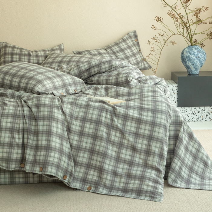 91家纺网 家纺一手货源 找家纺 库里梦家纺 2025新款皱皱纱亚麻纽扣式四件套 小格-灰