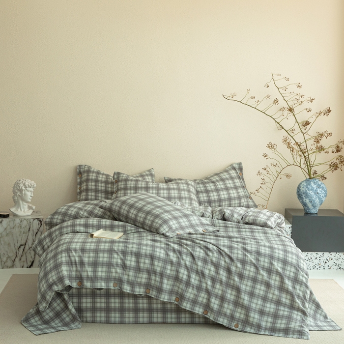 91家纺网 家纺一手货源 找家纺 库里梦家纺 2025新款皱皱纱亚麻纽扣式四件套 小格-灰