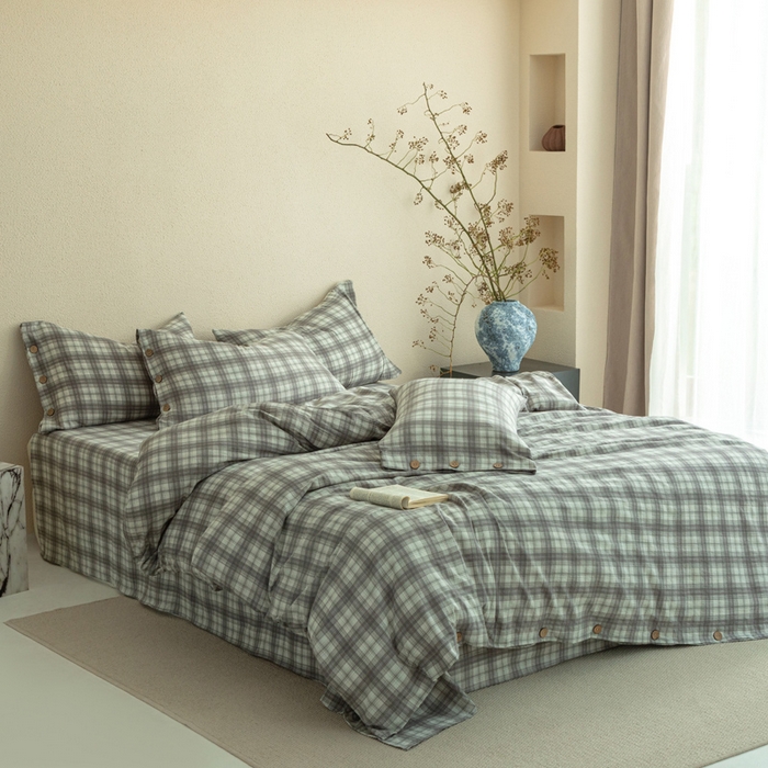 91家纺网 家纺一手货源 找家纺 库里梦家纺 2025新款皱皱纱亚麻纽扣式四件套 小格-灰