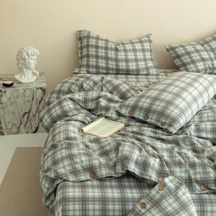 91家纺网 家纺一手货源 找家纺 库里梦家纺 2025新款皱皱纱亚麻纽扣式四件套 小格-灰