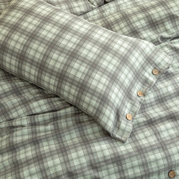 91家纺网 家纺一手货源 找家纺 库里梦家纺 2025新款皱皱纱亚麻纽扣式四件套 小格-灰