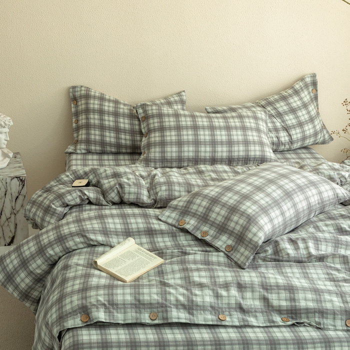 91家纺网 家纺一手货源 找家纺 库里梦家纺 2025新款皱皱纱亚麻纽扣式四件套 小格-灰