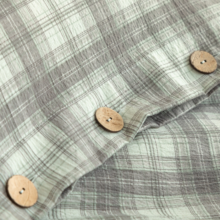 91家纺网 家纺一手货源 找家纺 库里梦家纺 2025新款皱皱纱亚麻纽扣式四件套 小格-灰