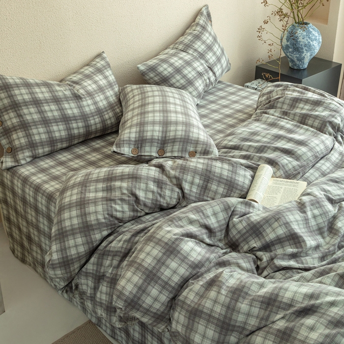 91家纺网 家纺一手货源 找家纺 库里梦家纺 2025新款皱皱纱亚麻纽扣式四件套 小格-灰