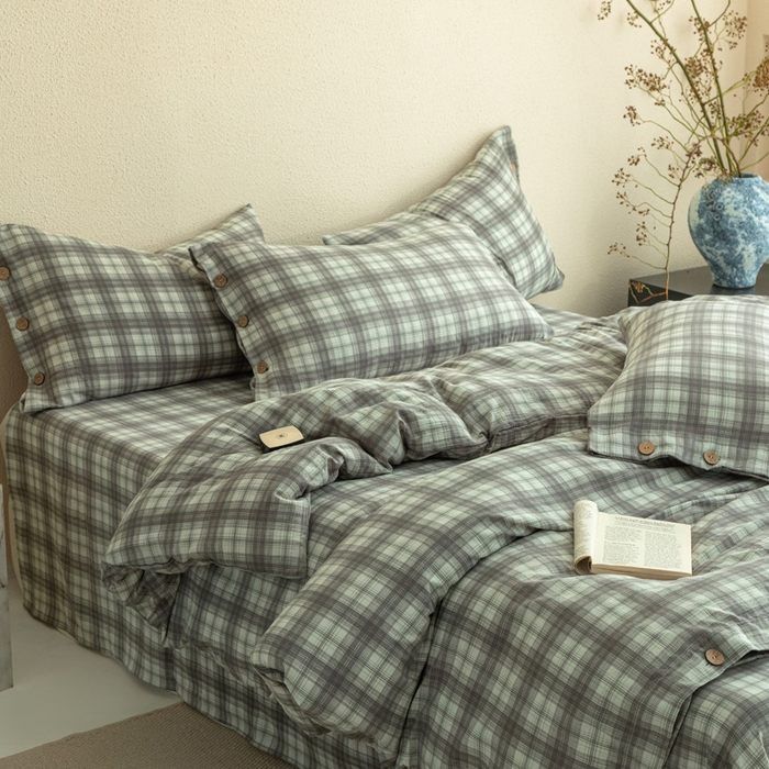 91家纺网 家纺一手货源 找家纺 库里梦家纺 2025新款皱皱纱亚麻纽扣式四件套 小格-灰