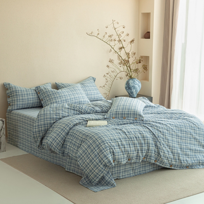 91家纺网 家纺一手货源 找家纺 库里梦家纺 2025新款皱皱纱亚麻纽扣式四件套 小格-蓝