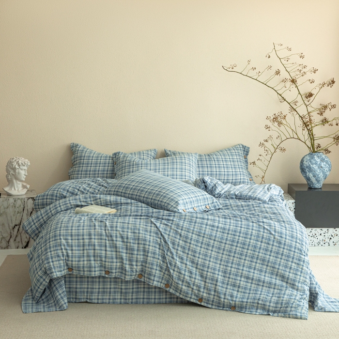 91家纺网 家纺一手货源 找家纺 库里梦家纺 2025新款皱皱纱亚麻纽扣式四件套 小格-蓝