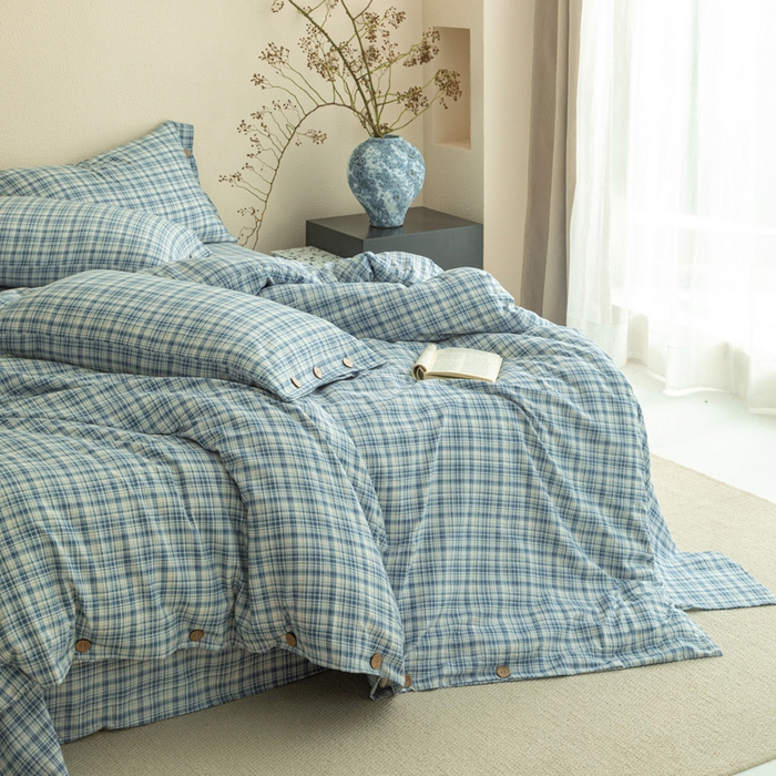 91家纺网 家纺一手货源 找家纺 库里梦家纺 2025新款皱皱纱亚麻纽扣式四件套 小格-蓝