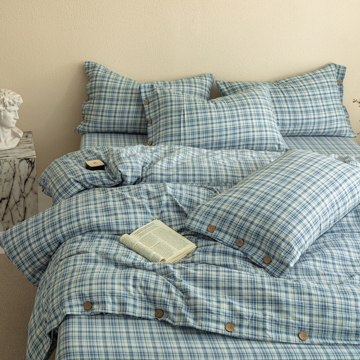 91家纺网 家纺一手货源 找家纺 库里梦家纺 2025新款皱皱纱亚麻纽扣式四件套 小格-蓝