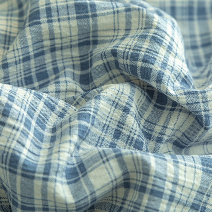 91家纺网 家纺一手货源 找家纺 库里梦家纺 2025新款皱皱纱亚麻纽扣式四件套 小格-蓝