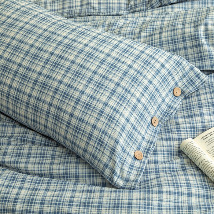 91家纺网 家纺一手货源 找家纺 库里梦家纺 2025新款皱皱纱亚麻纽扣式四件套 小格-蓝