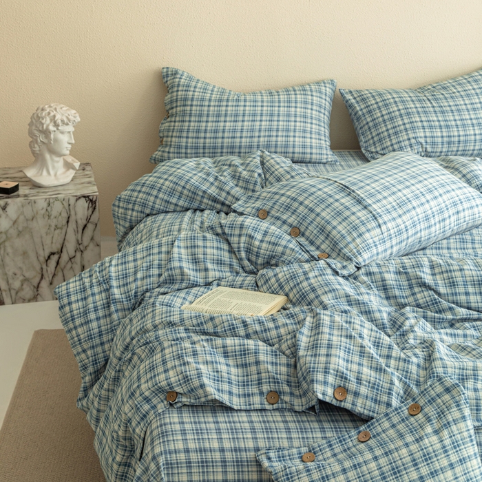 91家纺网 家纺一手货源 找家纺 库里梦家纺 2025新款皱皱纱亚麻纽扣式四件套 小格-蓝