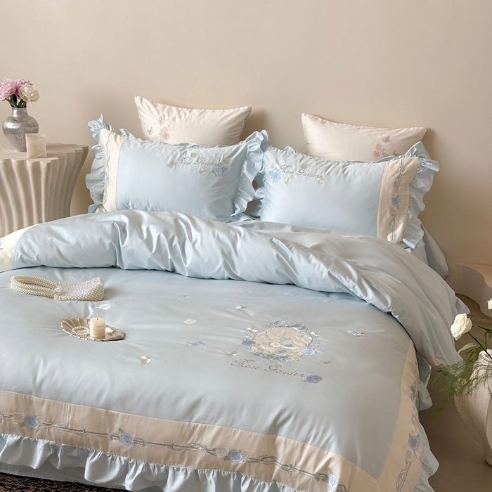 91家纺网 家纺一手货源 找家纺 MIU缪家居 2025新款100支全棉纯棉四件套-玫瑰花园 玫瑰花园-梦幻蓝