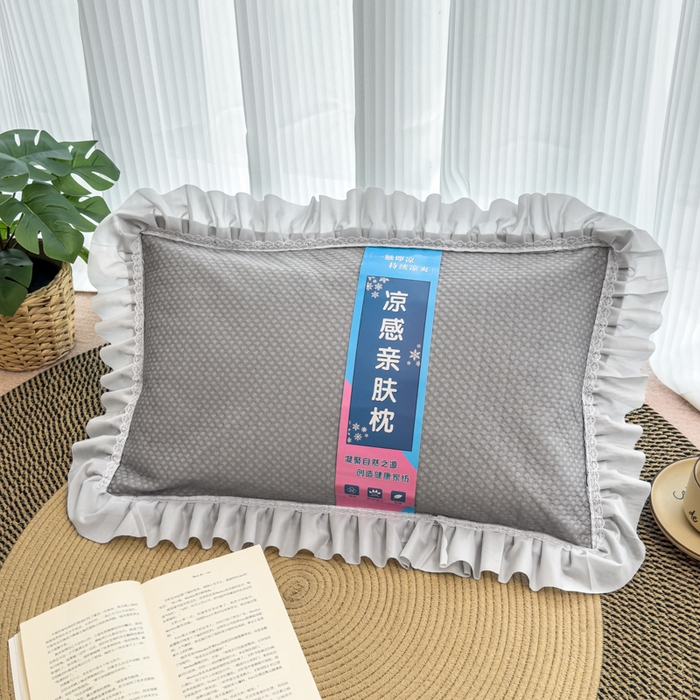 91家纺网 家纺一手货源 找家纺 诺可 2025新款夏凉茶叶枕凉感凉豆豆枕头枕芯 花边灰
