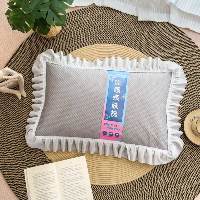 91家纺网 家纺一手货源 找家纺 诺可 2025新款夏凉茶叶枕凉感凉豆豆枕头枕芯 花边灰