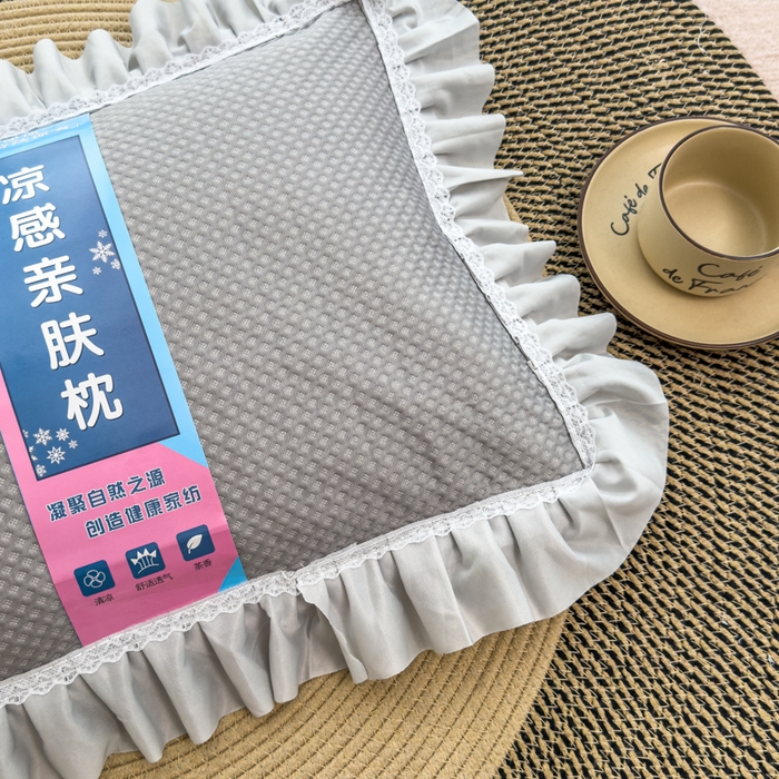 91家纺网 家纺一手货源 找家纺 诺可 2025新款夏凉茶叶枕凉感凉豆豆枕头枕芯 花边灰