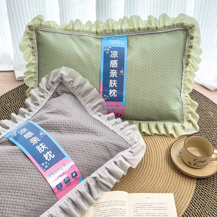 91家纺网 家纺一手货源 找家纺 诺可 2025新款夏凉茶叶枕凉感凉豆豆枕头枕芯 花边灰