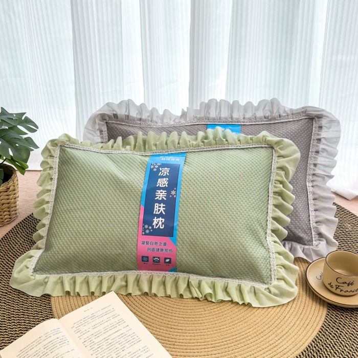 91家纺网 家纺一手货源 找家纺 诺可 2025新款夏凉茶叶枕凉感凉豆豆枕头枕芯 花边绿