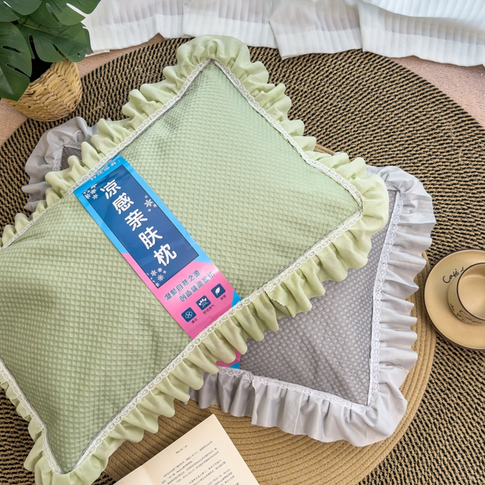 91家纺网 家纺一手货源 找家纺 诺可 2025新款夏凉茶叶枕凉感凉豆豆枕头枕芯 花边绿