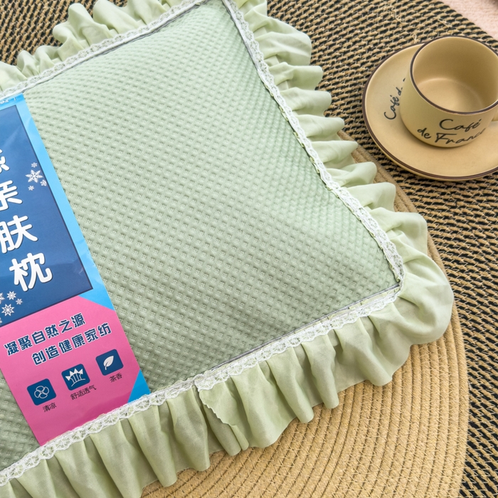 91家纺网 家纺一手货源 找家纺 诺可 2025新款夏凉茶叶枕凉感凉豆豆枕头枕芯 花边绿