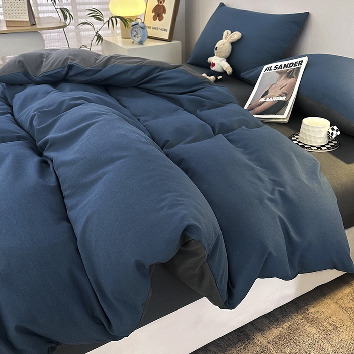 91家纺网 家纺一手货源 找家纺 优纤家纺 2025新款简约亲肤四件套床单床笠学生三件套-纯色混搭系列 宝蓝灰