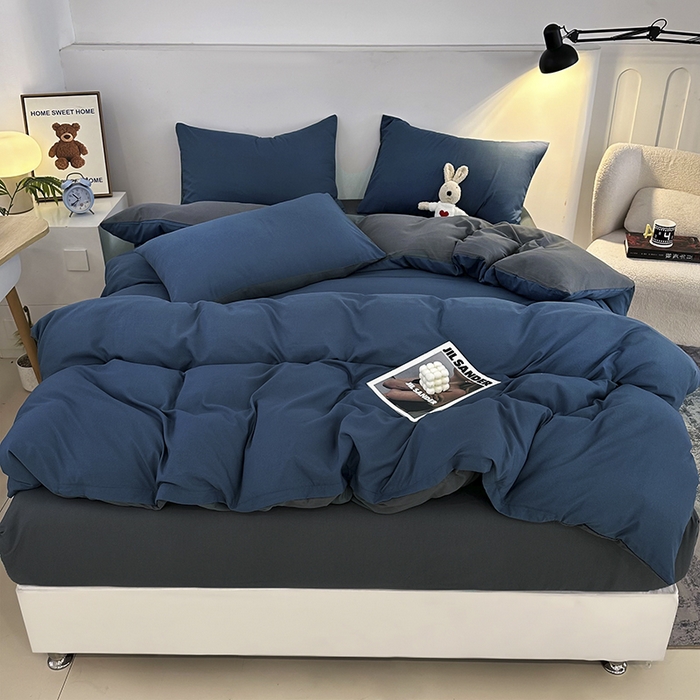 91家纺网 家纺一手货源 找家纺 优纤家纺 2025新款简约亲肤四件套床单床笠学生三件套-纯色混搭系列 宝蓝灰