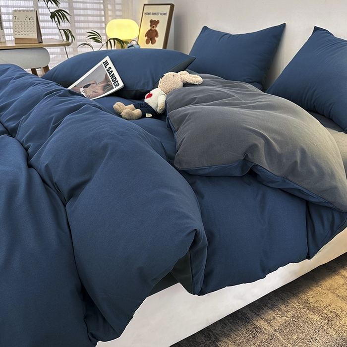 91家纺网 家纺一手货源 找家纺 优纤家纺 2025新款简约亲肤四件套床单床笠学生三件套-纯色混搭系列 宝蓝灰