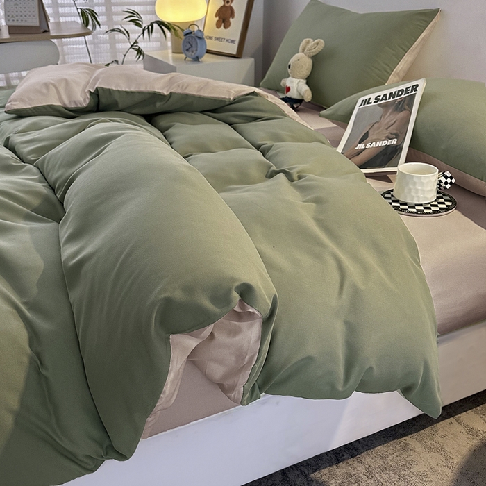 91家纺网 家纺一手货源 找家纺 优纤家纺 2025新款简约亲肤四件套床单床笠学生三件套-纯色混搭系列 豆绿卡其