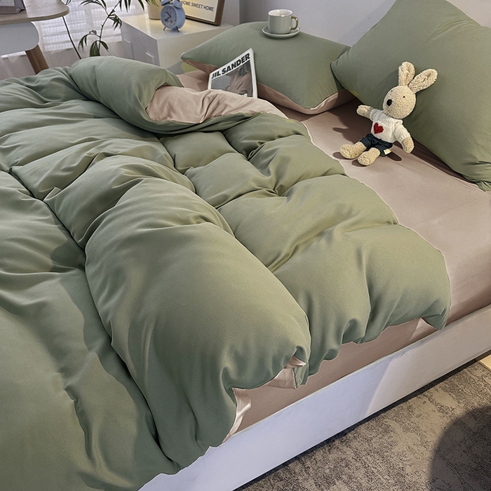 91家纺网 家纺一手货源 找家纺 优纤家纺 2025新款简约亲肤四件套床单床笠学生三件套-纯色混搭系列 豆绿卡其