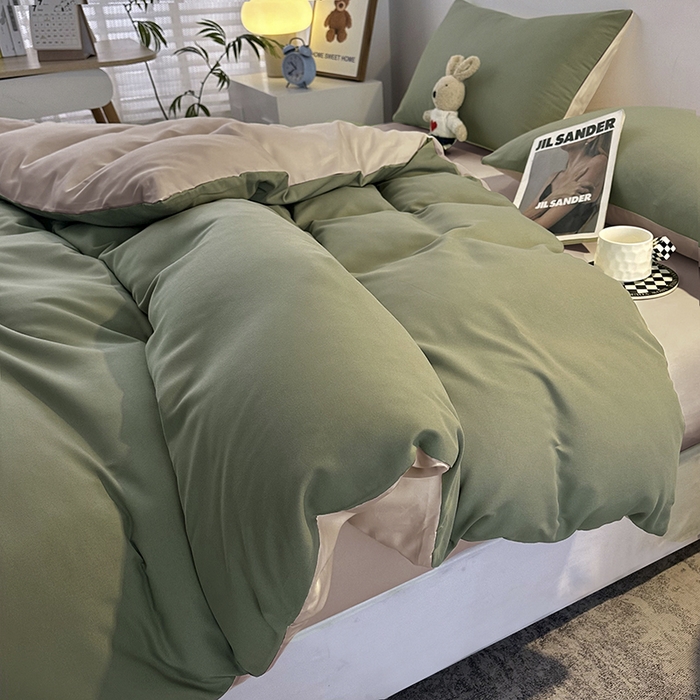 91家纺网 家纺一手货源 找家纺 优纤家纺 2025新款简约亲肤四件套床单床笠学生三件套-纯色混搭系列 豆绿卡其