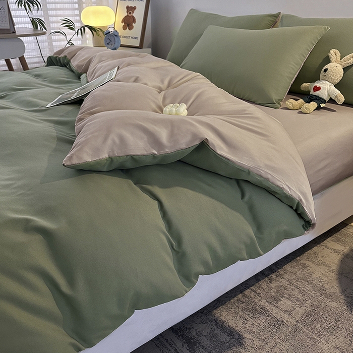 91家纺网 家纺一手货源 找家纺 优纤家纺 2025新款简约亲肤四件套床单床笠学生三件套-纯色混搭系列 豆绿卡其