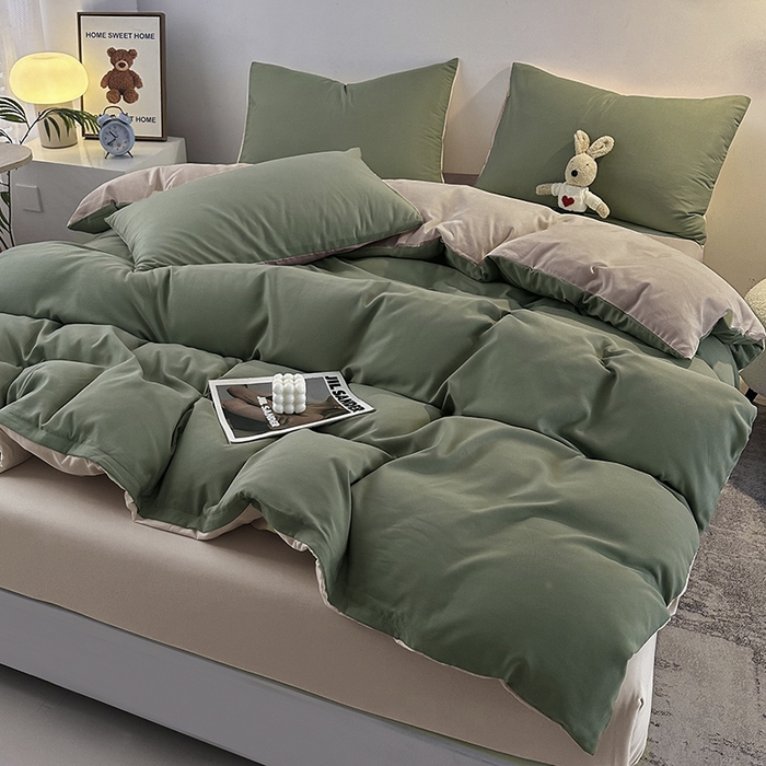91家纺网 家纺一手货源 找家纺 优纤家纺 2025新款简约亲肤四件套床单床笠学生三件套-纯色混搭系列 豆绿卡其