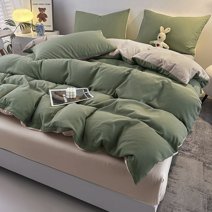91家纺网 家纺一手货源 找家纺 优纤家纺 2025新款简约亲肤四件套床单床笠学生三件套-纯色混搭系列 豆绿卡其