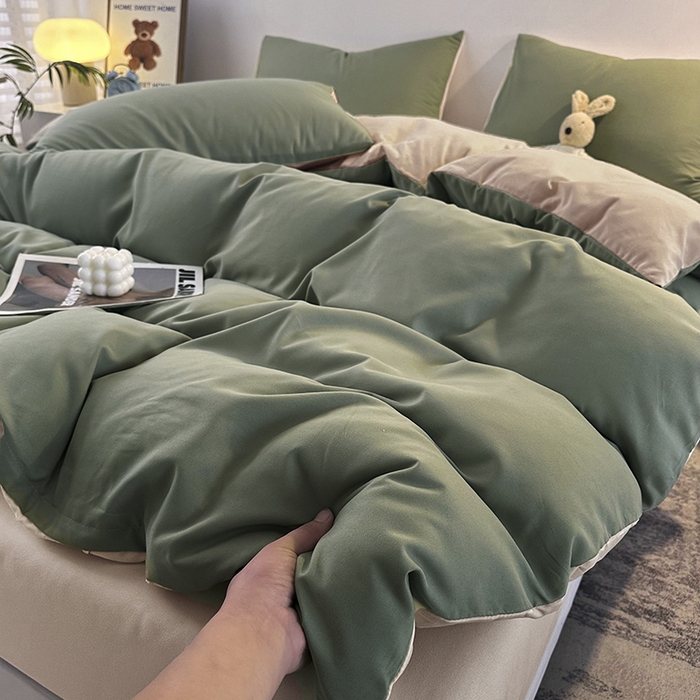 91家纺网 家纺一手货源 找家纺 优纤家纺 2025新款简约亲肤四件套床单床笠学生三件套-纯色混搭系列 豆绿卡其
