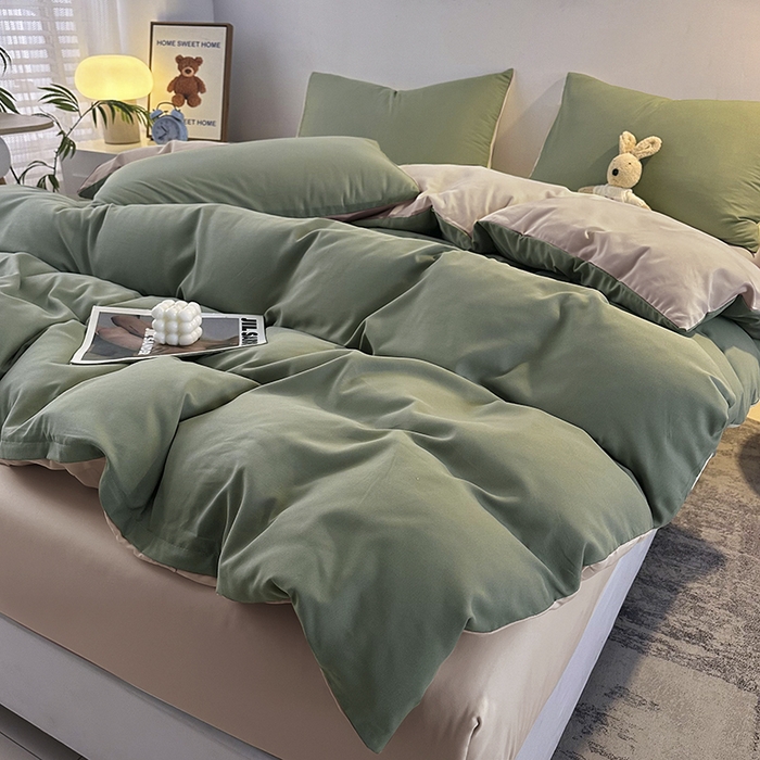 91家纺网 家纺一手货源 找家纺 优纤家纺 2025新款简约亲肤四件套床单床笠学生三件套-纯色混搭系列 豆绿卡其