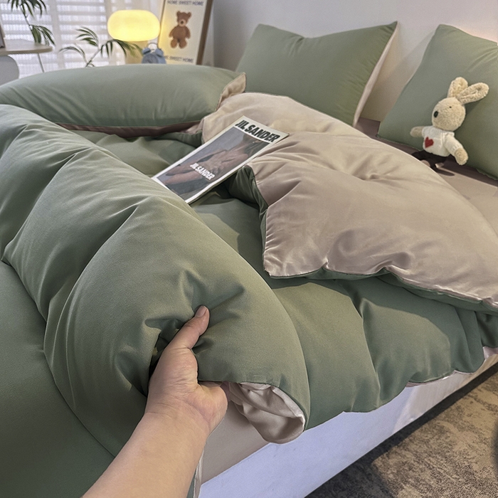 91家纺网 家纺一手货源 找家纺 优纤家纺 2025新款简约亲肤四件套床单床笠学生三件套-纯色混搭系列 豆绿卡其