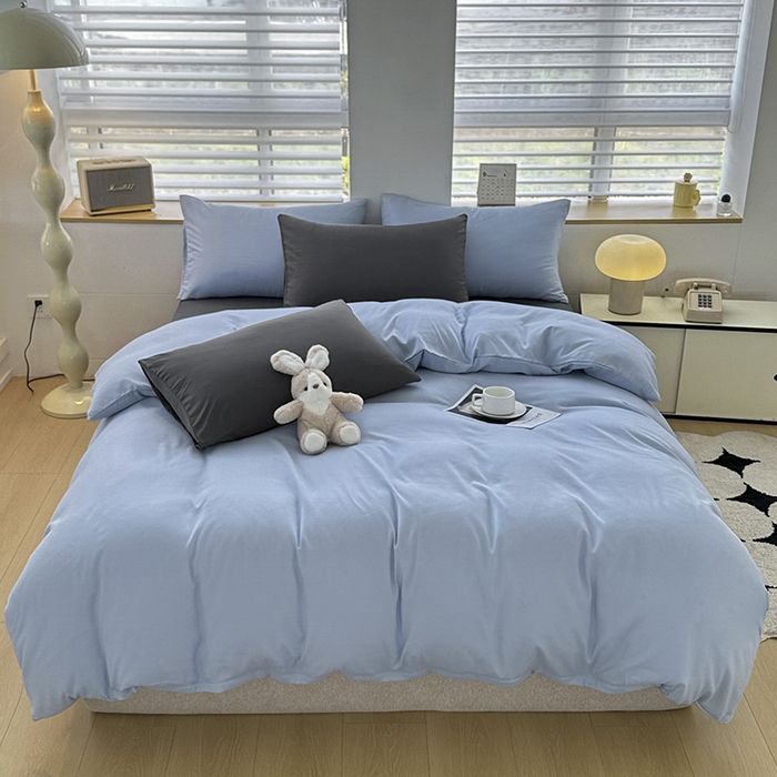 91家纺网 家纺一手货源 找家纺 优纤家纺 2025新款简约亲肤四件套床单床笠学生三件套-纯色混搭系列 洛克浅蓝