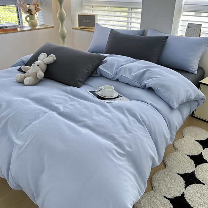 91家纺网 家纺一手货源 找家纺 优纤家纺 2025新款简约亲肤四件套床单床笠学生三件套-纯色混搭系列 洛克浅蓝