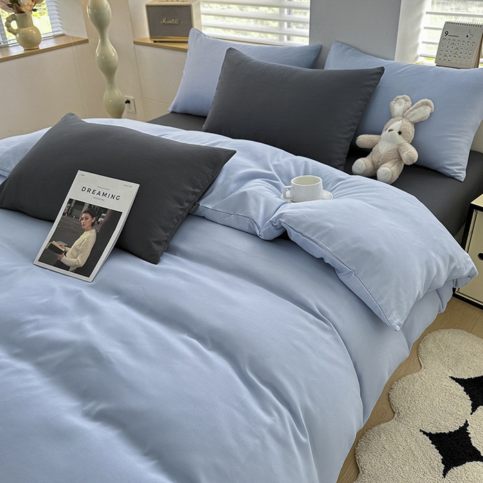 91家纺网 家纺一手货源 找家纺 优纤家纺 2025新款简约亲肤四件套床单床笠学生三件套-纯色混搭系列 洛克浅蓝