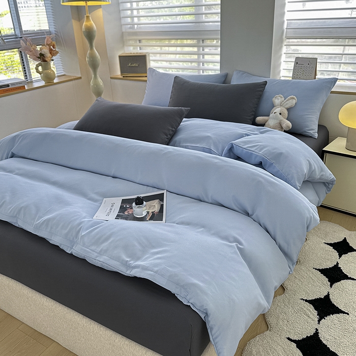 91家纺网 家纺一手货源 找家纺 优纤家纺 2025新款简约亲肤四件套床单床笠学生三件套-纯色混搭系列 洛克浅蓝