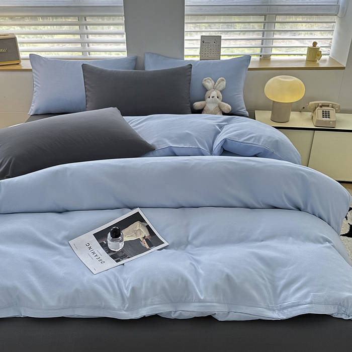 91家纺网 家纺一手货源 找家纺 优纤家纺 2025新款简约亲肤四件套床单床笠学生三件套-纯色混搭系列 洛克浅蓝