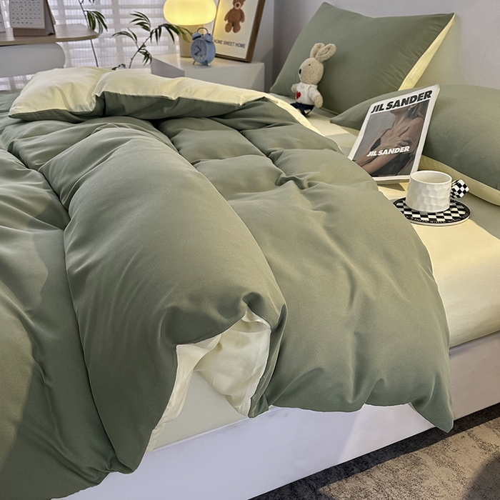 91家纺网 家纺一手货源 找家纺 优纤家纺 2025新款简约亲肤四件套床单床笠学生三件套-纯色混搭系列 抹茶奶黄