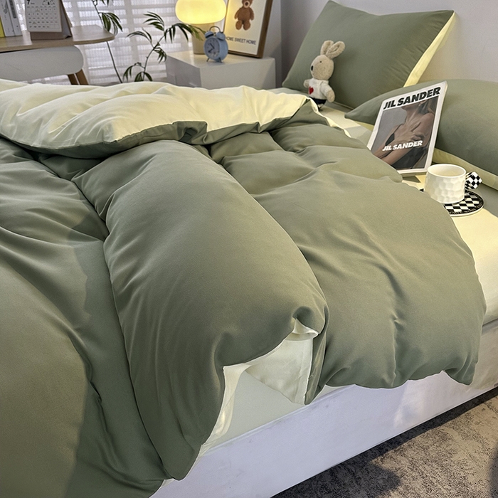 91家纺网 家纺一手货源 找家纺 优纤家纺 2025新款简约亲肤四件套床单床笠学生三件套-纯色混搭系列 抹茶奶黄