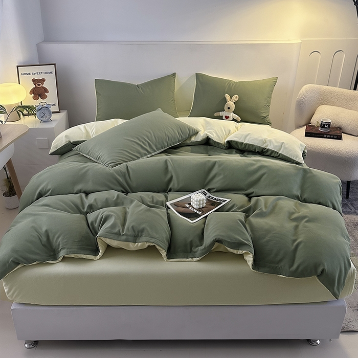 91家纺网 家纺一手货源 找家纺 优纤家纺 2025新款简约亲肤四件套床单床笠学生三件套-纯色混搭系列 抹茶奶黄