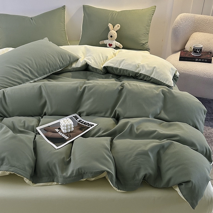 91家纺网 家纺一手货源 找家纺 优纤家纺 2025新款简约亲肤四件套床单床笠学生三件套-纯色混搭系列 抹茶奶黄