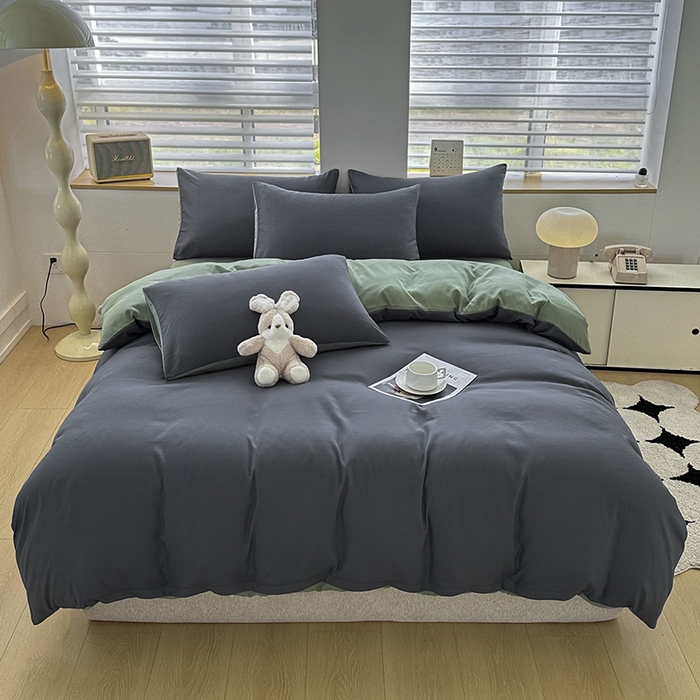 91家纺网 家纺一手货源 找家纺 优纤家纺 2025新款简约亲肤四件套床单床笠学生三件套-纯色混搭系列 深灰抹茶