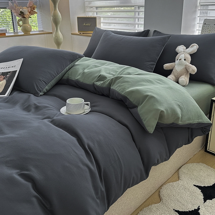 91家纺网 家纺一手货源 找家纺 优纤家纺 2025新款简约亲肤四件套床单床笠学生三件套-纯色混搭系列 深灰抹茶