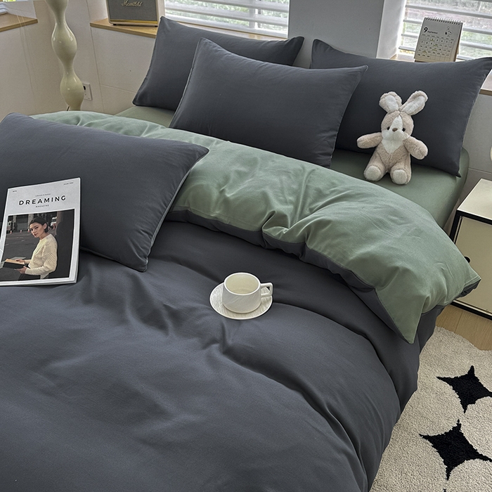 91家纺网 家纺一手货源 找家纺 优纤家纺 2025新款简约亲肤四件套床单床笠学生三件套-纯色混搭系列 深灰抹茶